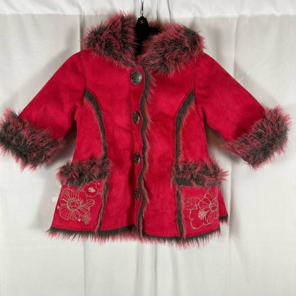 Catamini Faux Suede/Fur Coat Embroidered Hood Red Designed in France 6 Months